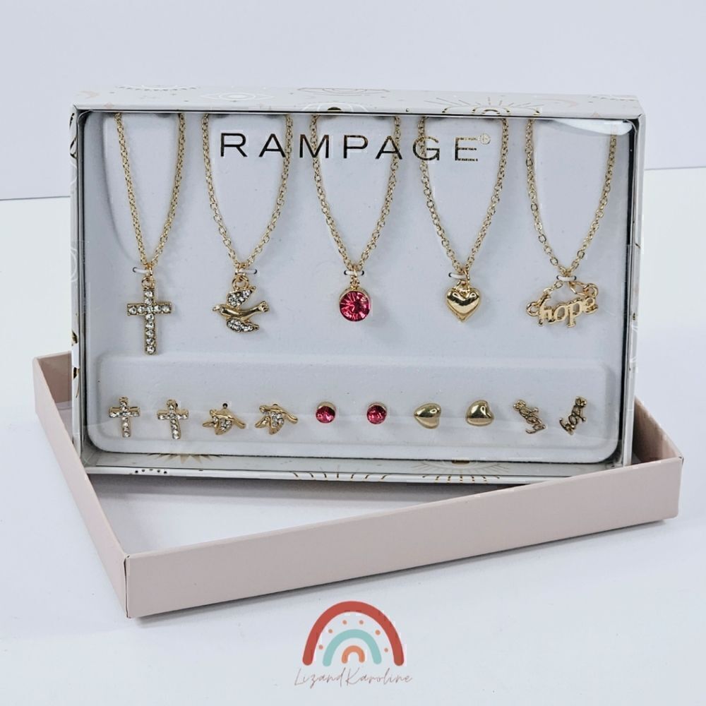 New! Rampage Necklace Earring Faith Cross Hope Heart Gold Tone Matching Gift Set